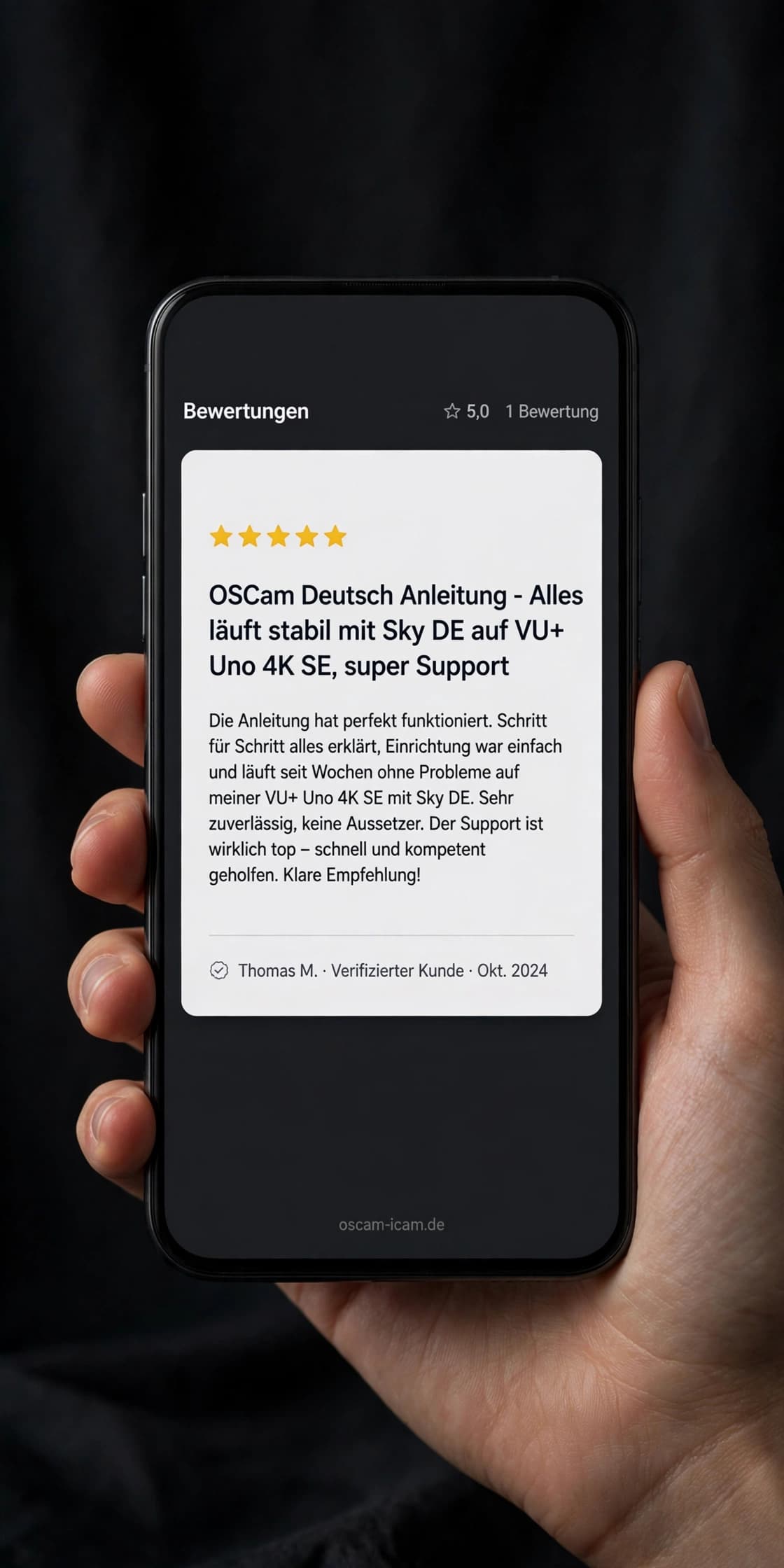 Fünf-Sterne-Kundenbewertung auf einem Smartphone: OSCam-Einrichtung auf einem VU+ Uno 4K SE