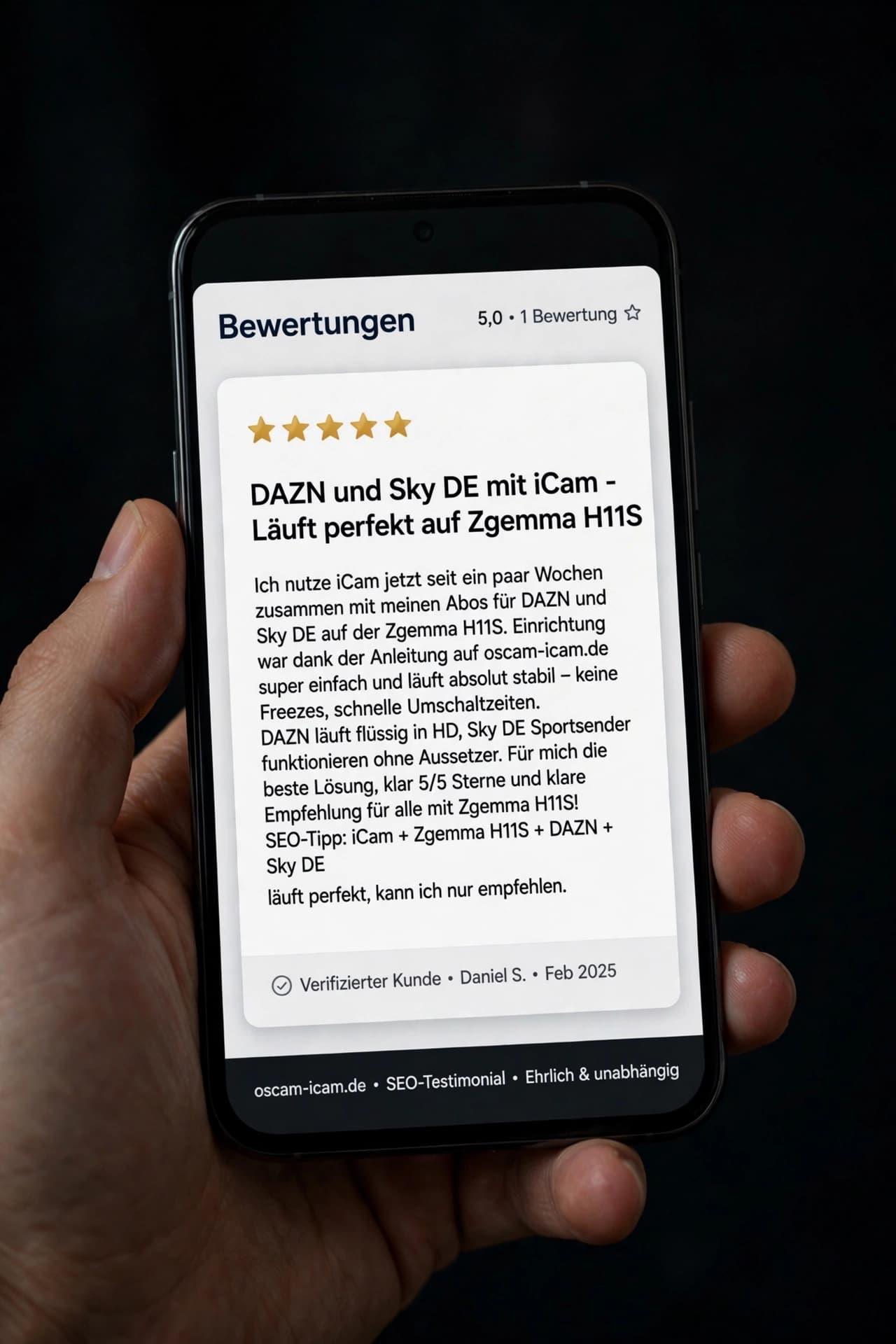 Fünf-Sterne-Kundenbewertung auf einem Smartphone: iCam-Einrichtung auf einer Zgemma H11S